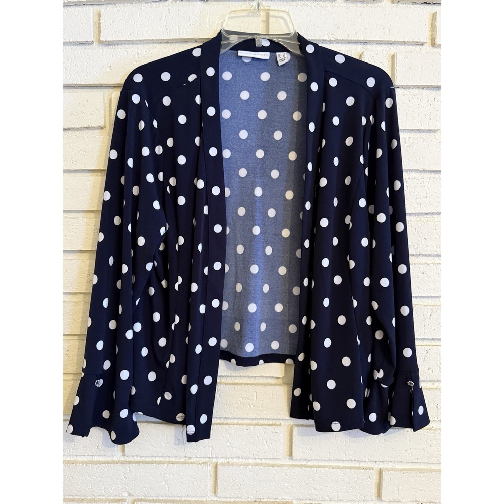 Susan Graver Liquid Knit Flounce Sleeve Shrug Navy Polka Dot Size Large